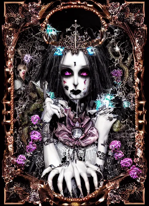 Image similar to baroque bedazzled gothic royalty frames surrounding a pixelsort emo demonic horrorcore Japanese Edward Scissorhands in Wonderland, sharpened early computer graphics, remastered chromatic aberration