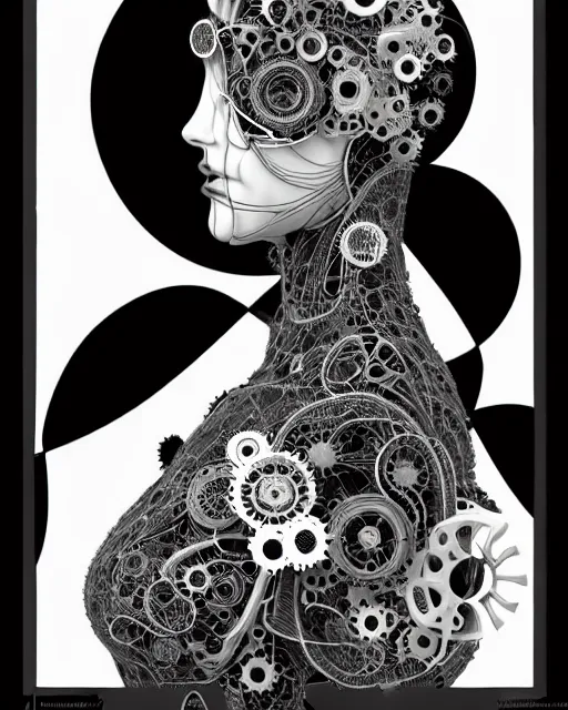 Prompt: black and white, biomechanical female cyborg with a porcelain profile face, analog, big leaves foliage and stems, morning glory flowers, hibiscus flowers, boho floral vines, hexagonal mesh fine wire, sinuous fine roots, alexander mcqueen, art nouveau fashion embroidered, steampunk, mandelbrot fractal, picture taken in 1 9 3 0