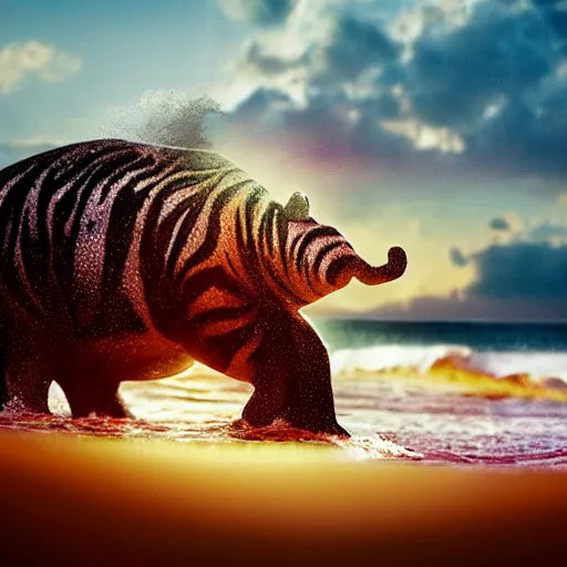 Prompt: a closeup photorealistic photograph of a cute knitted tiger hippopotamus riding an epic wave during sunset. well textured. surf in the background. professional capture. brightly lit scene. this 4 k hd image is trending on artstation, featured on behance, well - rendered, extra crisp, features intricate detail, epic composition and the style of unreal engine.