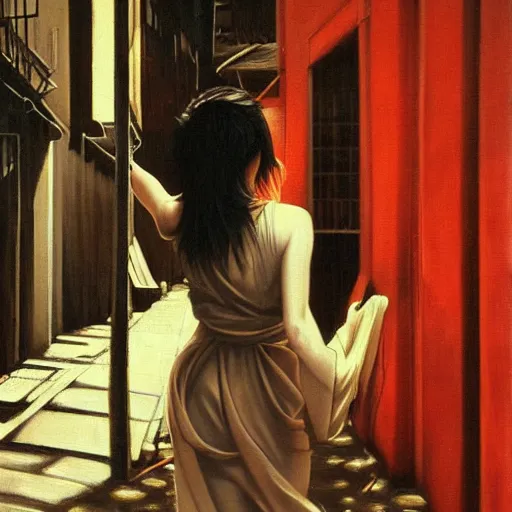 Prompt: painting of a young japanese girl in a dark, gloomy deserted city street highly detailed, dramatic lighting, intense shadows, rich deep colours, by luis ricardo falero