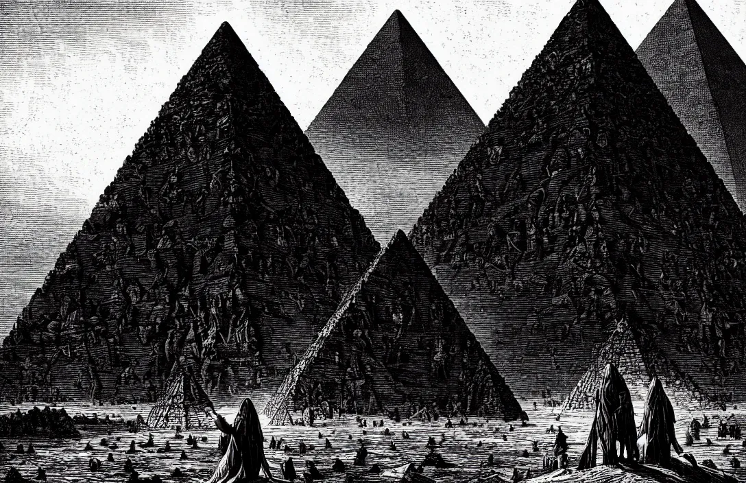 Image similar to the pyramid of figures is drawn together intact flawless ambrotype from 4 k criterion collection remastered cinematography gory horror film, ominous lighting, evil theme wow photo realistic postprocessing gustave dore hd illustration work of art directed by kurosawa by ghibli jan van der heyden