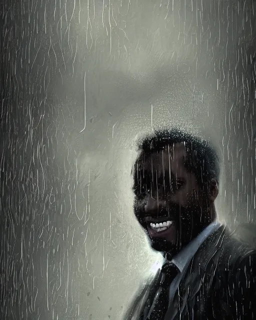 Prompt: a highly detailed portrait of black man smiling in the rain in a back tuxedo, intricate, digital painting, old english, raining, sepia, particles floating, whimsical background by marc simonetti, artwork by liam wong