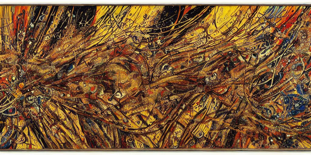 Image similar to an intricate and complex abstract painting with a lot of stains, golden threads, brown holes, surreal style, colorful, hyper detailed, jackson pollock,