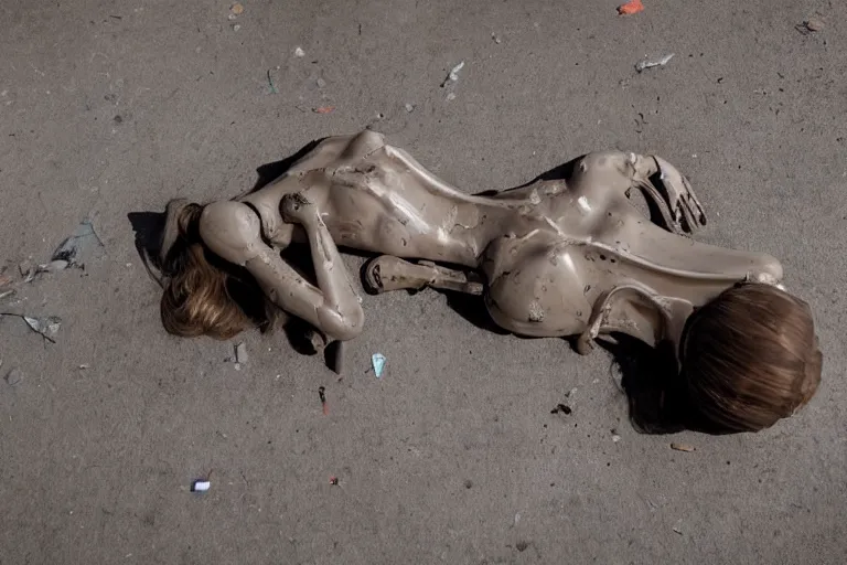 Prompt: vfx movie scene dilapidated mannequin in war torn street, natural lighting closeup by emmanuel lubezki