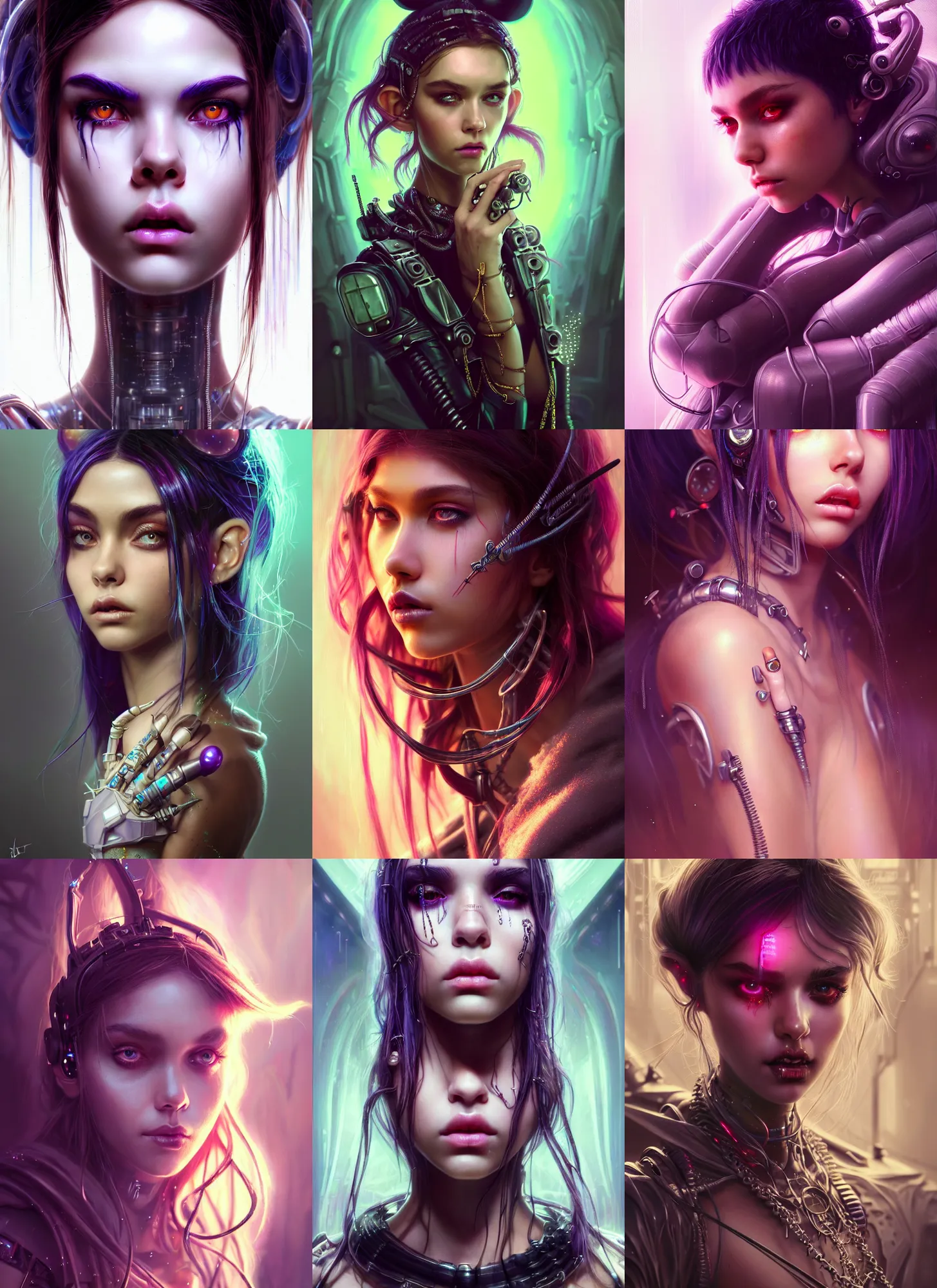 Prompt: disney weta portrait, soft lustrous beautiful biotech raver white emo satancore madison beer cyborg, rap bling, hi - fructose, sci - fi fantasy cyberpunk intricate decadent highly - detailed digital painting, octane render, artstation, concept art, smooth, sharp focus, illustration, art by artgerm, mucha, loish, wlop