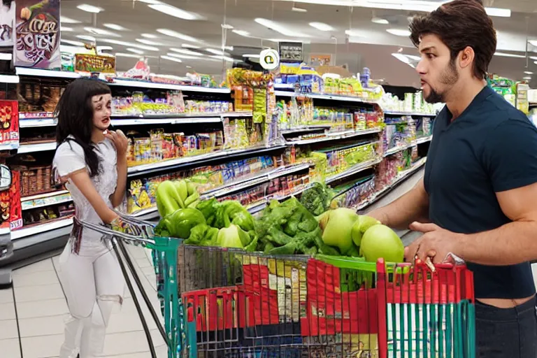 Prompt: werewolf buying groceries at supermarket