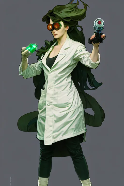 Image similar to a full body character design by artgerm, cushart krenz, greg rutkowski and alphonse mucha. cute mad scientist woman lab coat!! green plasma laser gun!! goggles visor!! bold outline sharp edges. ultra clear detailed. 8 k. ultra detailed, elegant, intricate, octane render.