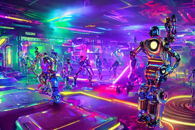 Image similar to robodad cybercore disco rave. bright scene. fine detail. this 4 k hd image is trending on artstation, featured on behance, well - rendered, extra crisp, features intricate detail, epic composition and the style of unreal engine.