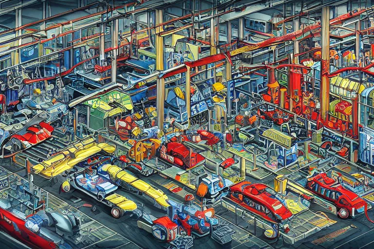 Prompt: illustration of a race car factory, by pierre - yves riveau, hyper detailed, fine details, pencil art, shadows, sharp focus, engineering, schematic, blueprint, colored by studio ghibli, colorful, isometric perspective