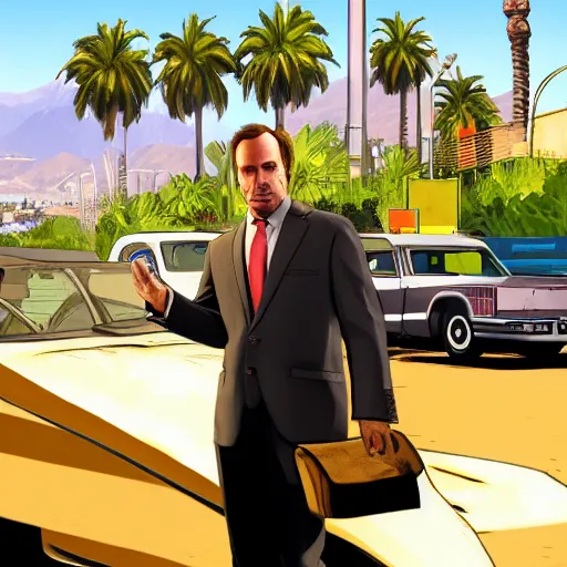 Image similar to Saul Goodman in GTA V . Los Santos in the background, palm trees. In the art style of Stephen Bliss.