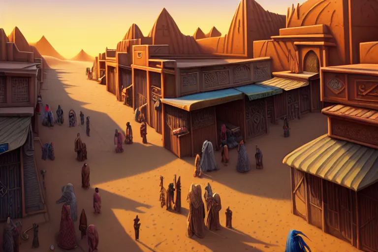 Image similar to isometric view of a highly detailed bazaar street in the dune city of tyr from the land of athas, amazing dark sun digital painting, by gerald brom, brom digital art, intricate details, ultra realistic, beautiful art, volumetric lighting, warm colors advance cool colors recede, by brom, trending cgsociety, artstation, rim lighting, 8 k