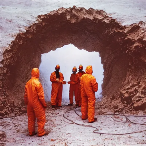 Image similar to wide - shot photo of a group of scientists in hazmat suits, studying a hell open rift portal, by shaun tan, codachrome, hellish, unsettling, otherworldly, smoke, machines, 8 k, hd, highly detailed,