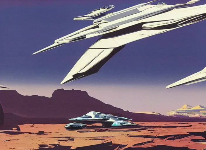 Image similar to a spaceship in a stunning landscape by syd mead