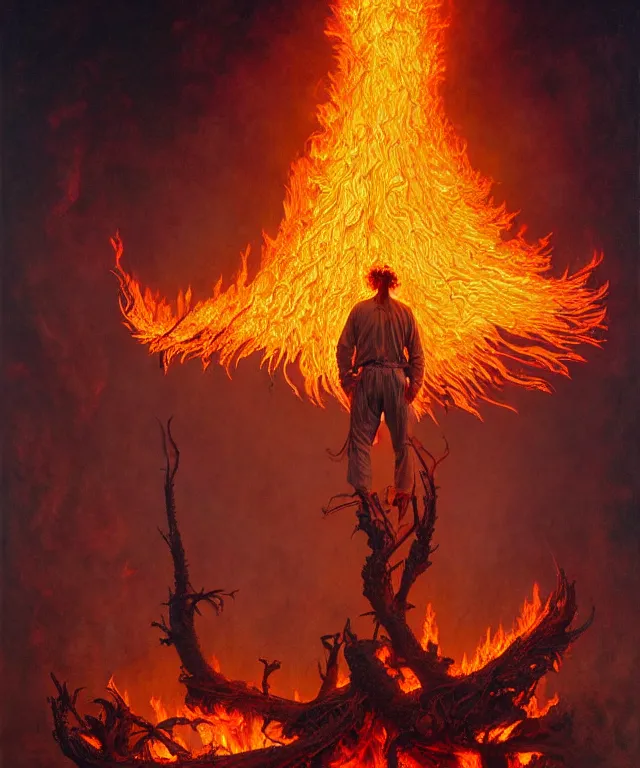 Prompt: a burning suffering man hovering above the ground, completely consisting of fire, no facial features can be seen. a fullbody highly detailed portrait, concept art, masterpiece, cinematic, flames, fantasy art, hyperdetailed, photorealistic, hyperrealism, art by tim hildebrandt, donato giancola, larry elmore
