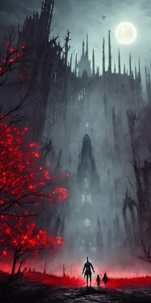 Image similar to abandoned bloodborne old valley with a person at the centre and a ruined gothic city at the end, trees and stars in the background, falling red petals, epic red - orange moonlight, perfect lightning, wallpaper illustration by niko delort and kentaro miura, 4 k, ultra realistic