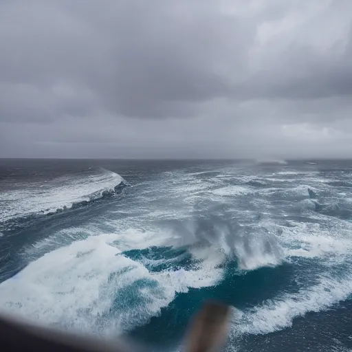Image similar to a giant wave about to crash on a cruise ship, wave, giant, rough seas, weather, cruise, ship, hurricane, canon eos r 3, f / 1. 4, iso 2 0 0, 1 / 1 6 0 s, 8 k, raw, unedited, symmetrical balance, wide angle