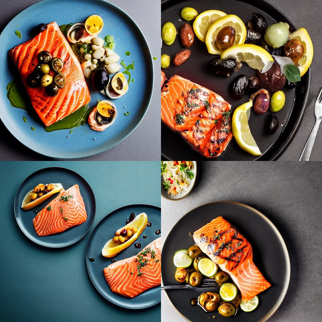 Prompt: salmon, grilled chicken, olives, food photography, award winning, michelin star restaurant