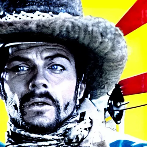 Image similar to a film still of Johnny Joestar from steel ball run in ''The Good, the Bad and the Ugly''(1966)