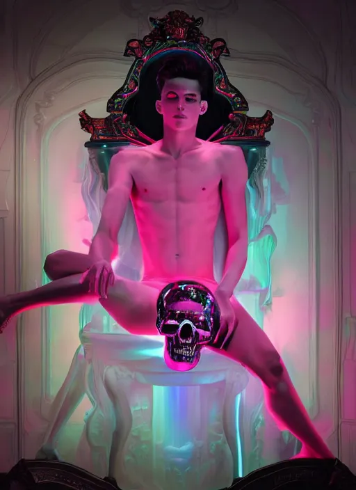 Prompt: photo of baroque and bladerunner delicate neon ruby sculpture of seductive ceramic albino king adrien sahores delicious pink iridescent humanoid deity wearing black fluffy hoody holding diamond skull in a black metallic dungeon, reclining, glowing rainbow face, crown of white diamonds, cinematic lighting, photorealistic, octane render 8 k depth of field 3 d