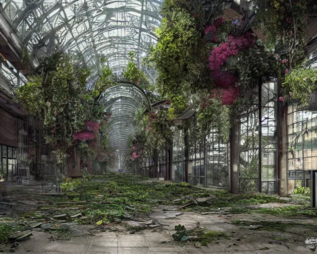 Prompt: an abandoned shopping mall, overgrown by trees, flower, vines, hyperrealistic, highly detailed, intricate, cgsociety, artstation