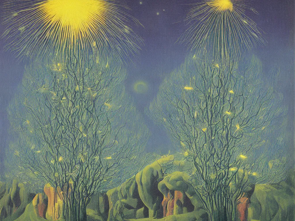 Prompt: Aurora Borealis night, sweaty mountain, glowing Dandelion seed storm, African god mask, acid rains, giant leeches. The sacred trembling oasis. Painting by Rene Magritte, Jean Delville, Max Ernst, Maria Sybilla Merian, Ernst Haeckel