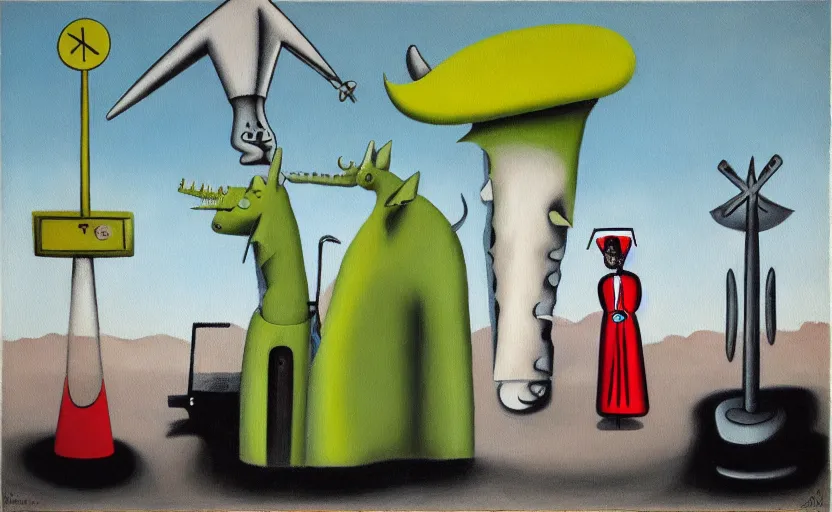 Prompt: a painting in the style of Yves Tanguy , a parking meter stands in the middle of a desert. Next to the parking meter we see a priest, a woman in a green dress , and a rhinoceros .