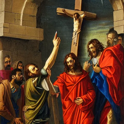 Prompt: judas taking a selfie with jesus who is nailed to the cross, hyper detailed painting