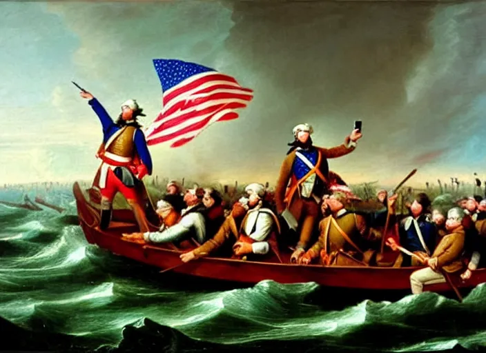 Image similar to oil painting of Washington Crossing the Delaware but everyone is looking at cell phones and Washington is taking a selfie