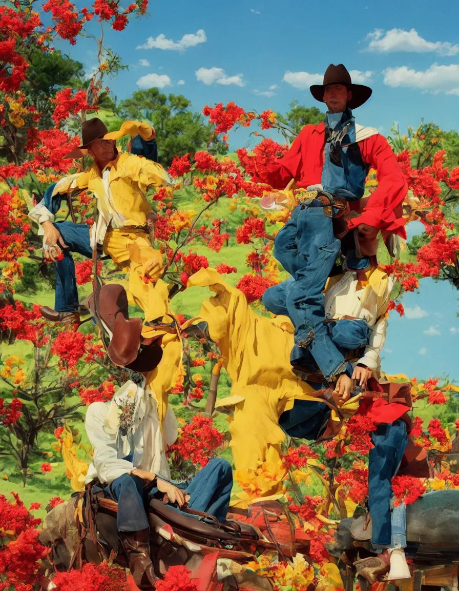 Image similar to a cowboy turning into blooms by slim aarons, by zhang kechun, by lynda benglis. tropical sea slugs, angular sharp tractor tires. complementary colors. warm soft volumetric light. national geographic. 8 k, rendered in octane, smooth gradients. manly cowboy riding by edward hopper and frank frazetta. red accents.