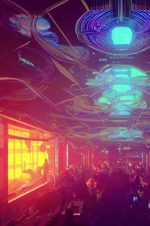 Image similar to a centered render of intricate modular synthesizer nightclub surrounded by ethereal lights and fractal geometry, cinematic, beautifully lit, by artgerm, by beeple, by karol bak, by donato giancola, by atelier olschinsky, 3 d, trending on artstation, octane render, 8 k