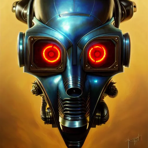 Image similar to front shot of a cyberpunk gazmask robot character, intricate, elegant, highly detailed, centered, digital painting, artstation, concept art, smooth, sharp focus, illustration, artgerm, Tomasz Alen Kopera, Peter Mohrbacher, donato giancola, Joseph Christian Leyendecker, WLOP, Boris Vallejo