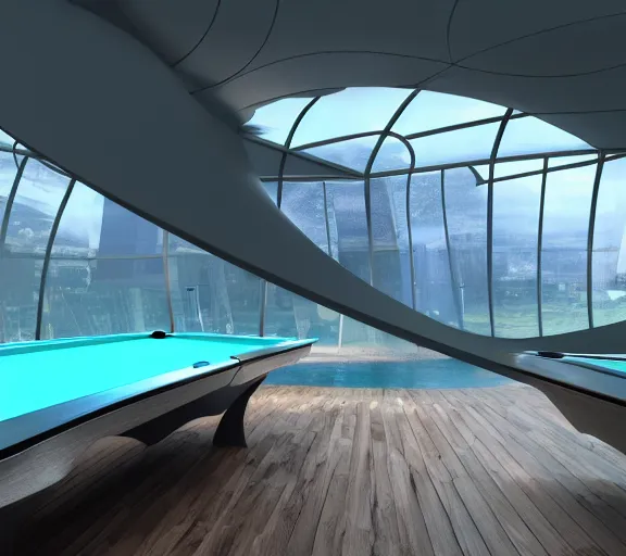 Prompt: A pool next to a pool table inside a futuristic lounge in a glass dome, designed by zaha hadid, octane render, ray tracing, 8k resolution, sharp