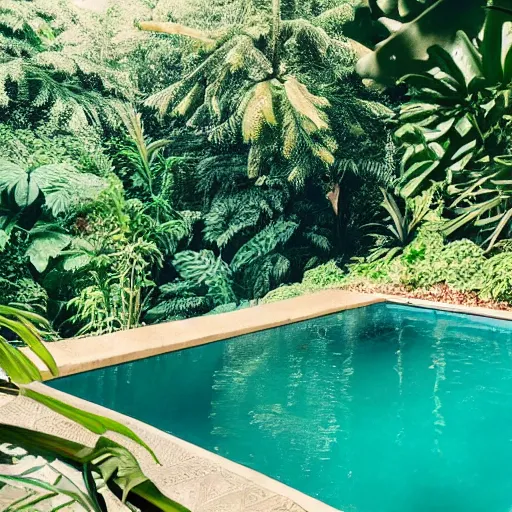 Prompt: in the middle of nowhere, swimming pool, greenery, jungle, sunlight, detailed, award winning photo, canon camera