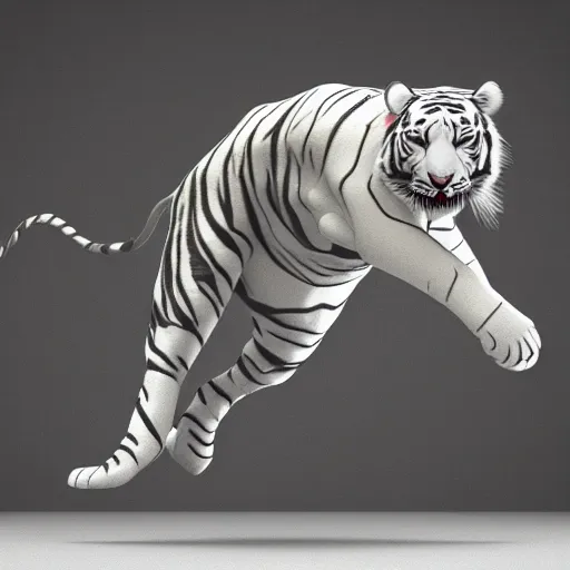 Prompt: a low - poly render of a white tiger in a dynamic action pose dwelling in the spirit realm, low poly 3 d, octane render, dramatic dreamlike lighting