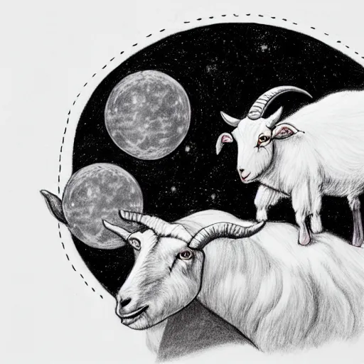 Image similar to a realistic sketch of a moon holding a goat in space, cinematic, drawing,