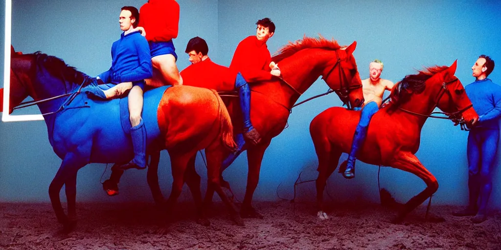 Image similar to color photograph men riding horses blue skin red light wide open vista 1 2 0 mm film highly detailed sharp zeiss lens 1. 8 high contrast chiaroscuro insane quality masterpiece detailed photograph by gottfried helnwein ryan mcginley robert mapplethorpe david armstrong david wojnarowicz