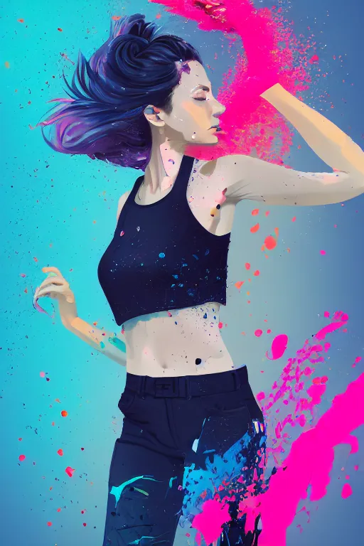 Image similar to a award winning half body portrait of a beautiful woman in a croptop and cargo pants with ombre navy blue teal hairstyle with head in motion and hair flying, paint splashes, splatter, outrun, vaporware, shaded flat illustration, digital art, trending on artstation, highly detailed, fine detail, intricate