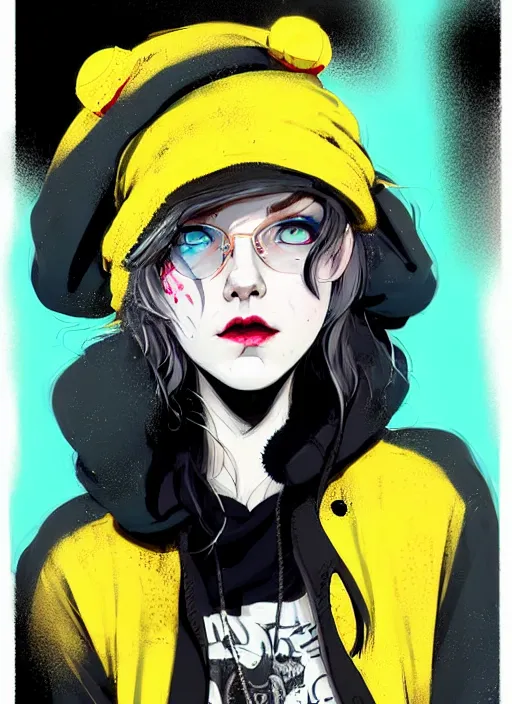 Prompt: highly detailed portrait of a sewer punk lady student, blue eyes, tartan hoody, hat, white hair by atey ghailan, by greg tocchini, by kaethe butcher, by alex horley, by bruce timm, gradient yellow, black, brown and cyan color scheme, grunge aesthetic!!! ( ( graffiti tag wall ) )