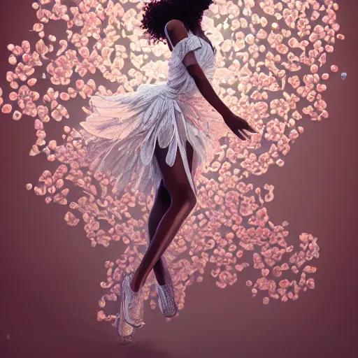 Image similar to the professional photoshoot of an absurdly beautiful, graceful, elegant, sophisticated, fashionable young black model made of strawberries and white petals, an ultrafine hyperdetailed illustration by kim jung gi, irakli nadar, intricate linework, bright colors, octopath traveler, final fantasy, unreal engine 5 highly rendered, global illumination, radiant light, detailed and intricate environment