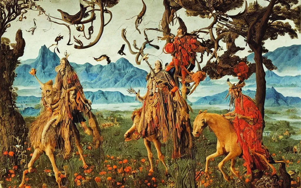 Prompt: a portrait photograph of a meditating shaman and a centaur monk riding a vulture and hunting at a river delta. surrounded by bulbous flowers and trees. mountain range under a blue sky of fiery stars. by jan van eyck, max ernst, ernst haeckel, ernst fuchs and artgerm, cgsociety, fashion editorial, 8 k