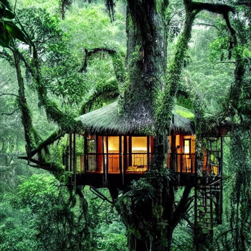 Image similar to a treehouse in a lush jungle during a thunderstorm in the evening