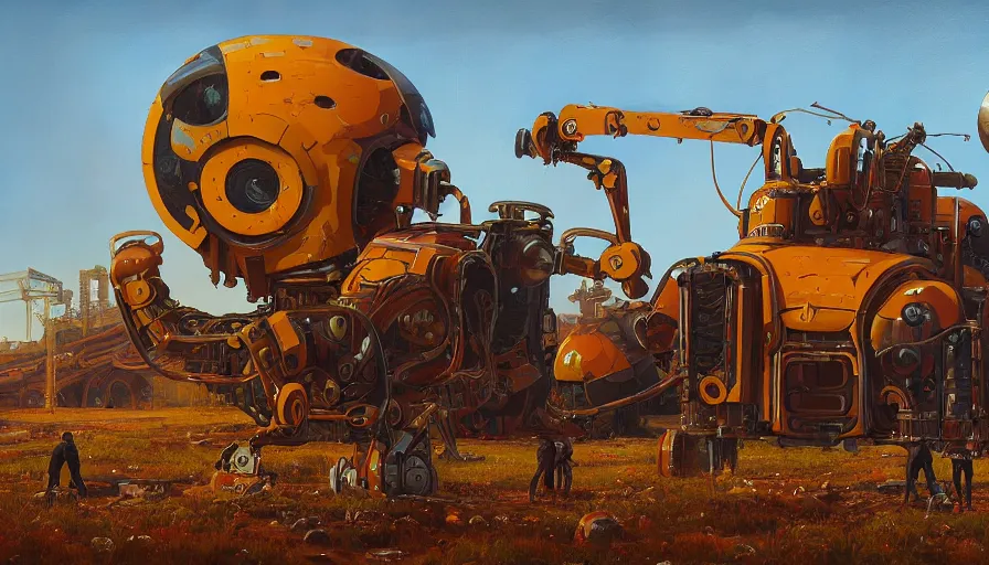 Image similar to an intricate oil painting of a giant scrap metal anime combine harvester humanoid mecha with rounded components by simon stalenhag