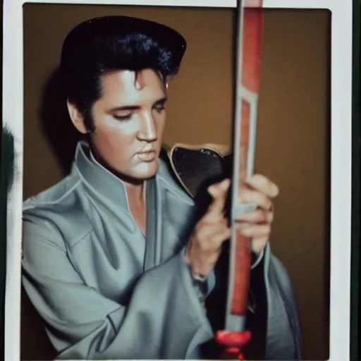 Image similar to elvis presley holding a katana, color Polaroid,