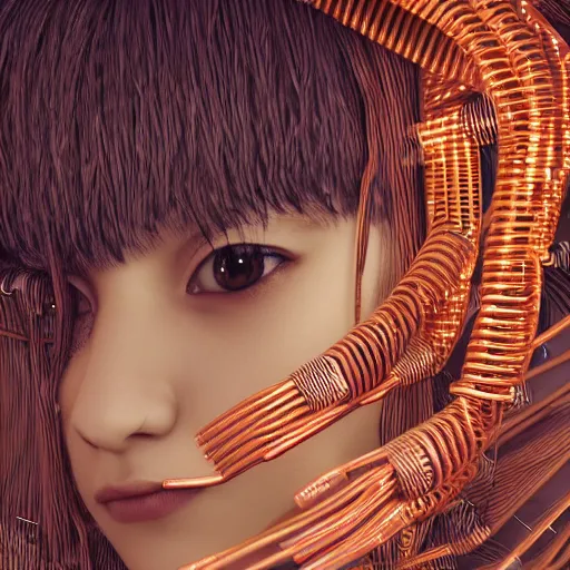 Image similar to piles of modular synth cables mixed with mangrove roots, kawaii puerto rican goddess staring through your soul wearing a headpiece made of circuit boards, by makoto shinkai, masamune, and stanley kubrick, unique perspective, eastman color, trending on artstation, cinematic, 3 d render, photorealistic