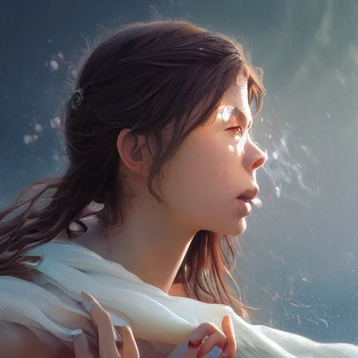 Image similar to foam floats around girl's mouth, closeup photo, dramatic lighting, intricate, wild, highly detailed, digital painting, artstation, concept art, smooth, sharp focus, illustration, art by artgerm and greg rutkowski and alphonse mucha, footage