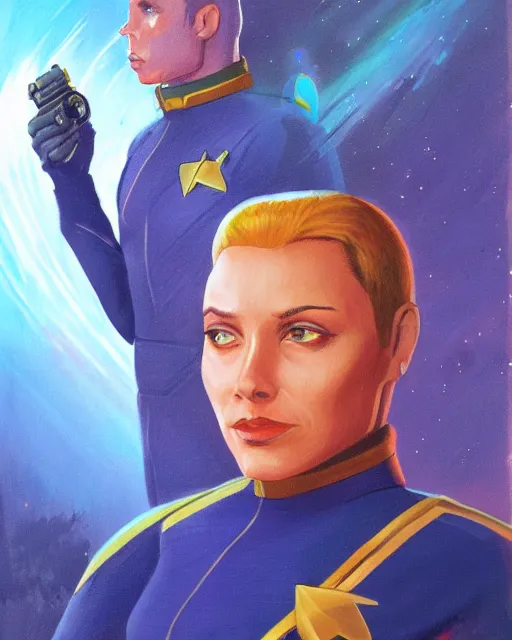 Prompt: Portrait of an Asari as a Starfleet officer by Paul Lehr