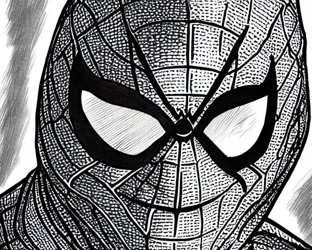 Image similar to photorealistic sketch of black spider - man with gold webbing by steve ditko