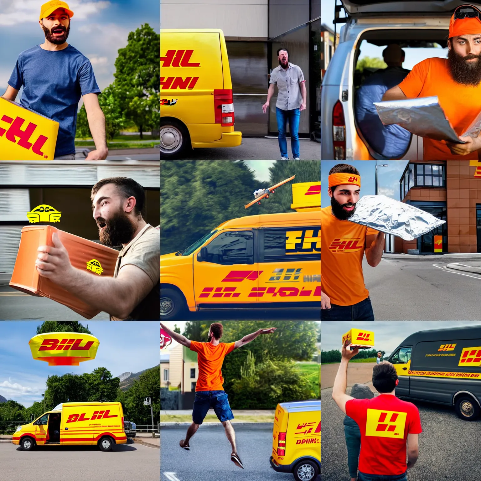 Prompt: Bearded young man in orange t-shirt and tin-foil hat is being abducted by UFO from his delivery DHL van