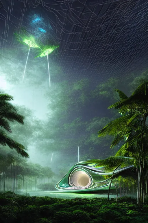 Prompt: a stormy tropical forest with green lightning bugs flying around a ancient futuristic temple designed by zaha hadid, tone mapped, shiny, intricate, cinematic lighting, highly detailed, digital painting, artstation, concept art, smooth, sharp focus, illustration, art by arthur haas and bruce pennington and john schoenherr