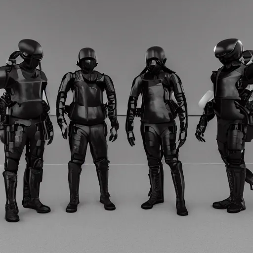 Prompt: a squad of futuristic security in an armory